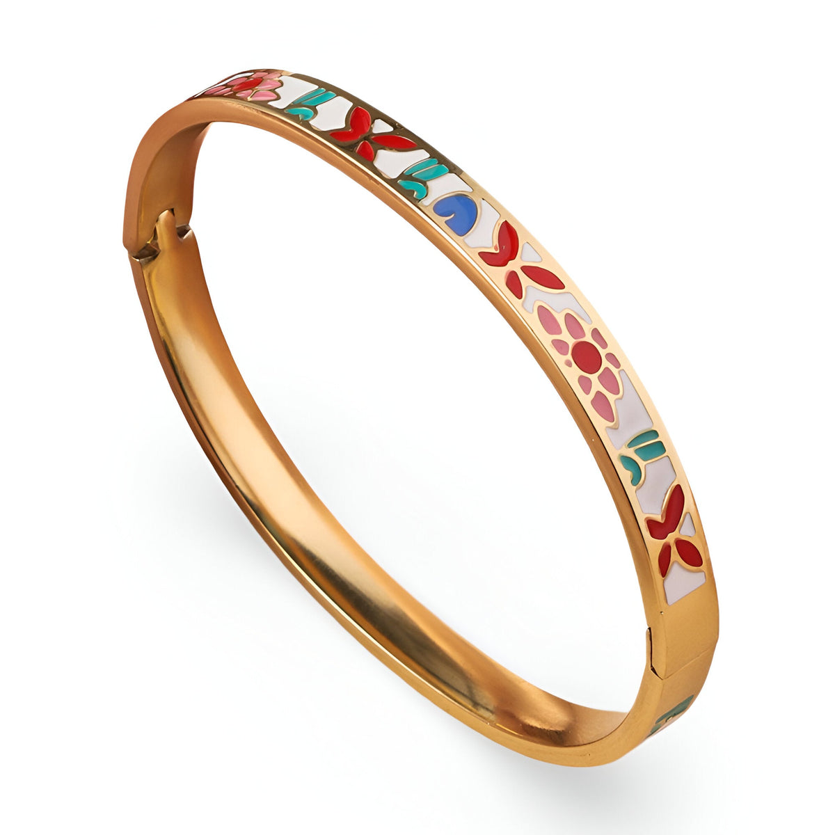 Bracelet jonc en métal doré avec motifs émaillés colorés rouge, bleu et vert style floral et géométrique.