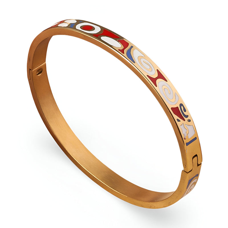 Bracelet jonc doré avec émail multicolore motifs abstraits rouge, blanc, beige et bleu.