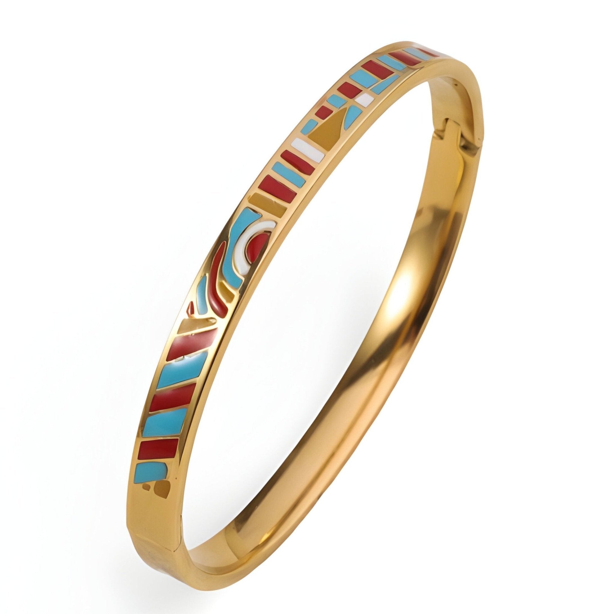 Bracelet jonc doré avec émail bleu, rouge et beige aux motifs géométriques distinctifs.