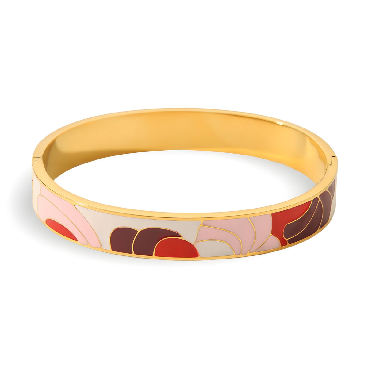 Bracelet jonc doré avec émail aux formes abstraites rouges, roses et bordeaux, modèle Hermance.