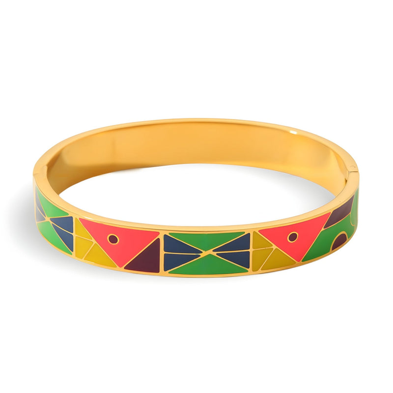 Bracelet jonc doré avec émail coloré abstraction géométrique en rouge, vert, bleu et jaune.