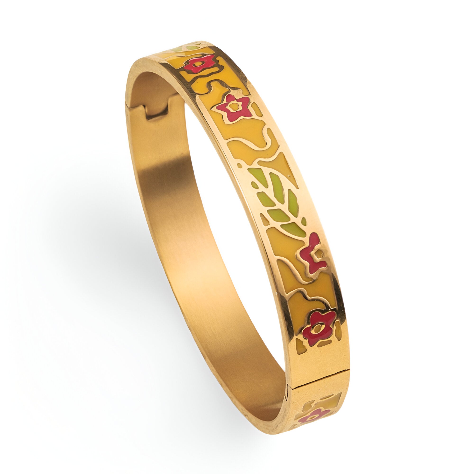Bracelet jonc doré en métal avec motifs émaillés floraux rouges, verts et blancs.