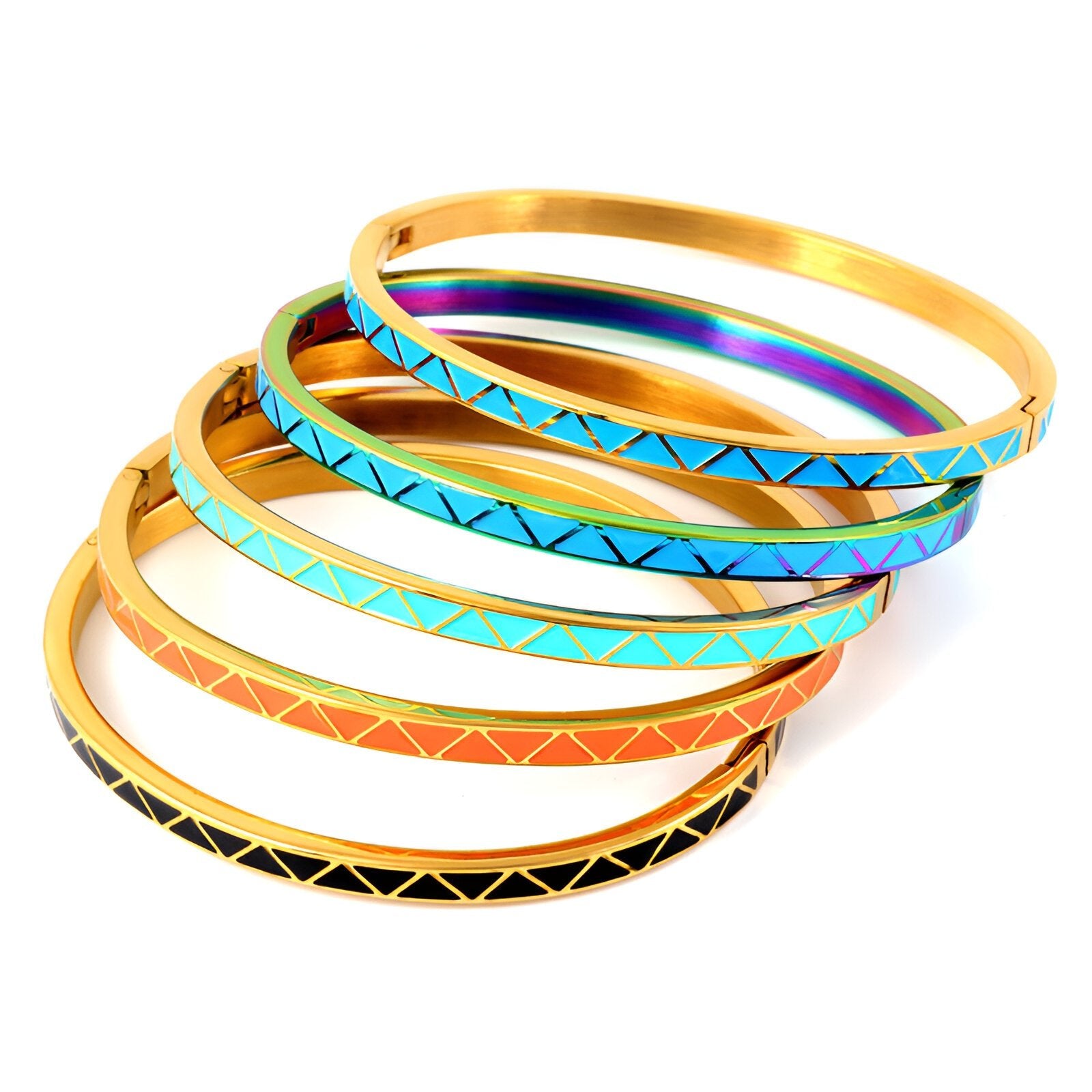 Bracelets jonc émaillés colorés avec motifs triangulaires dorés, style Esma, six couleurs variées.