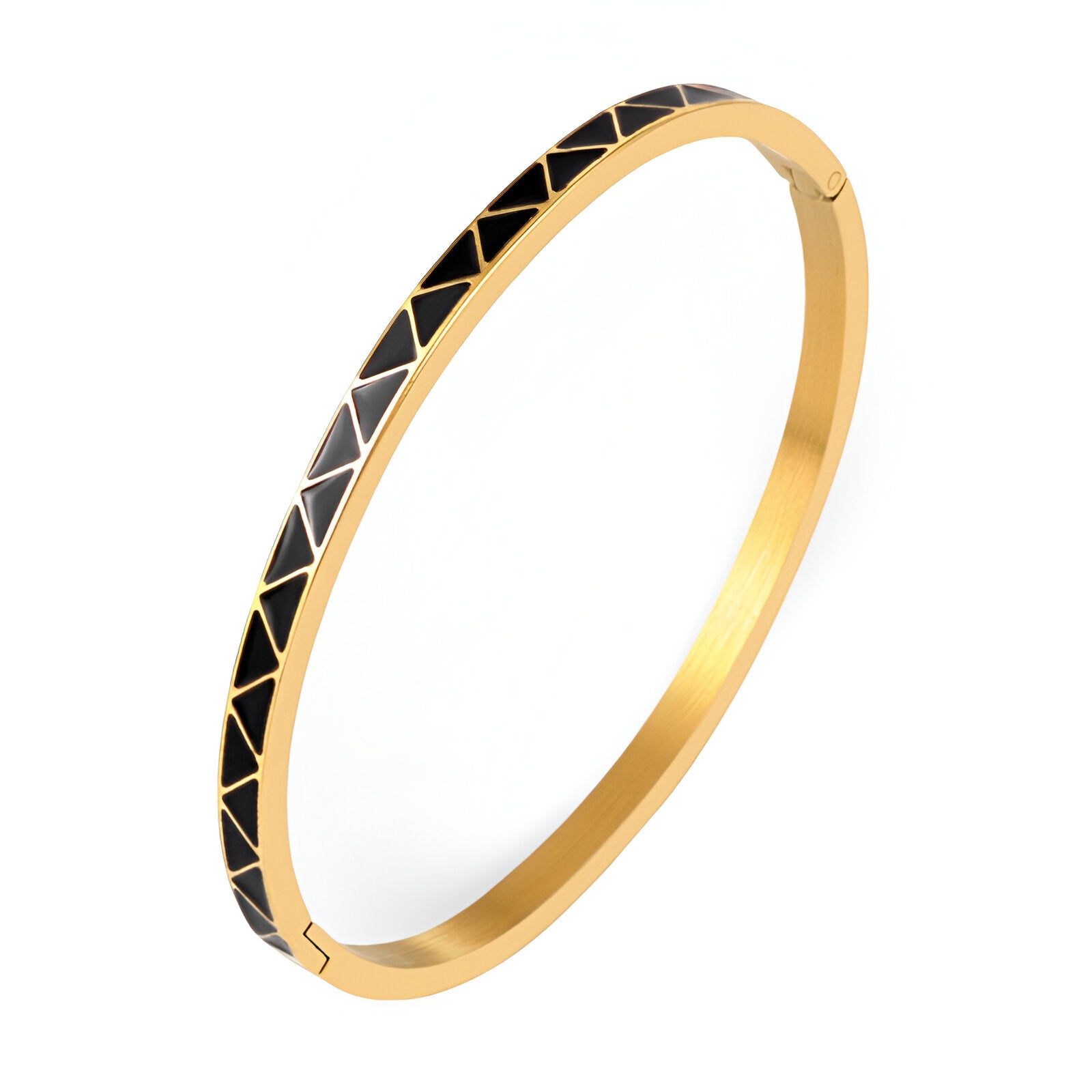 Bracelet jonc doré avec motifs triangulaires noirs émaillés élégants.