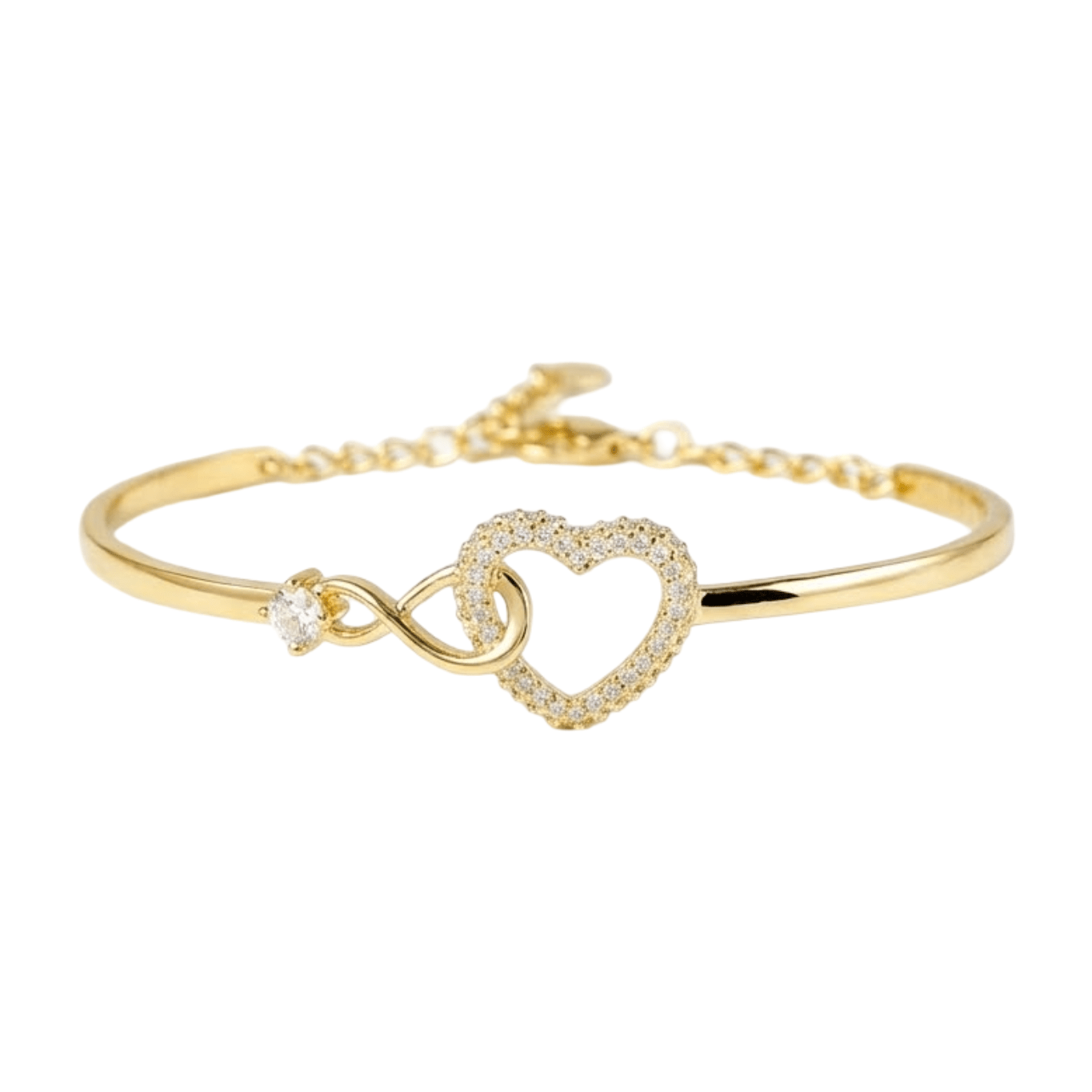 Bracelet jonc plaqué or en acier inoxydable avec cœur en zircon et symbole infini délicat.