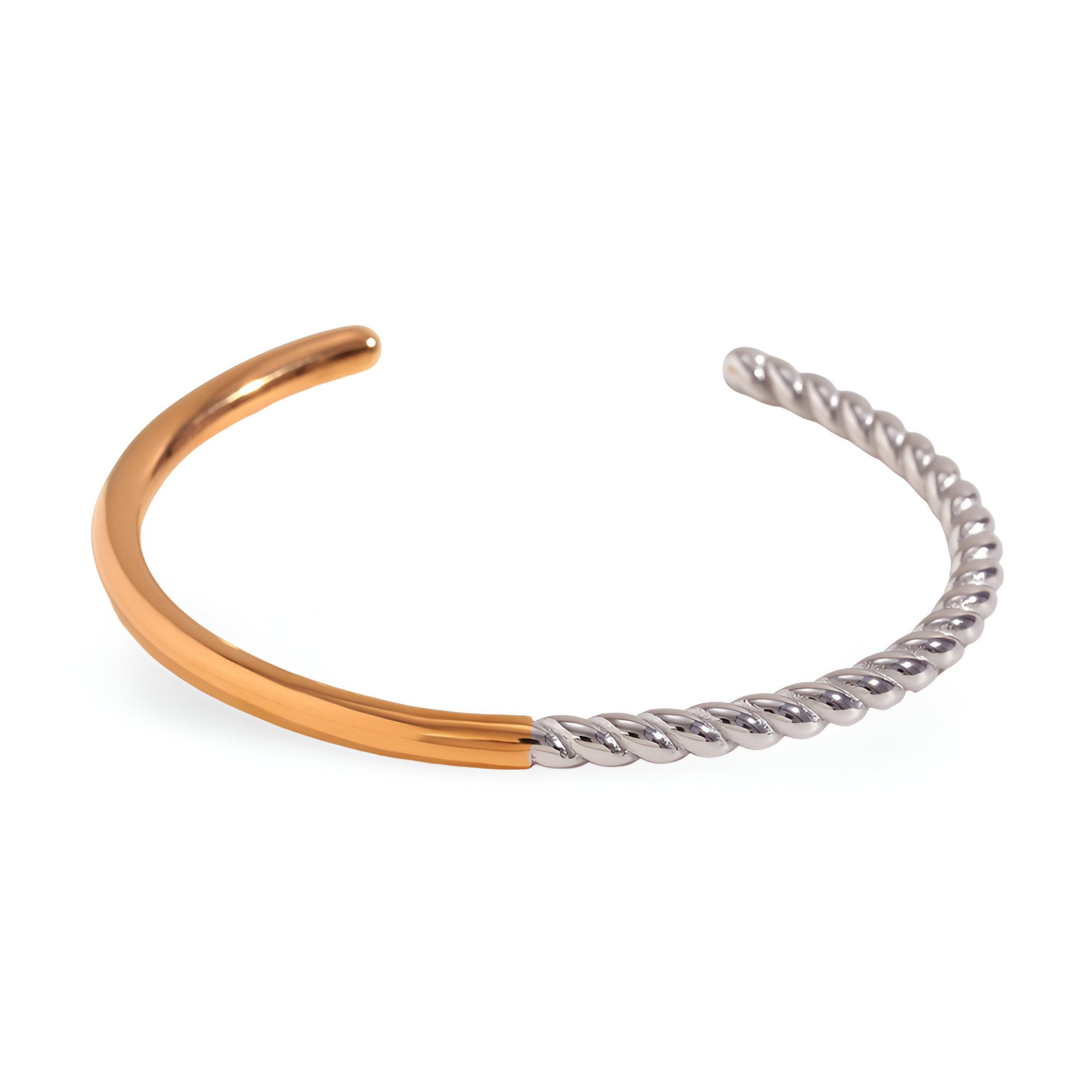 Bracelet jonc ouvert bicolore, acier inoxydable or lisse et argent torsadé, modèle Lunasol.