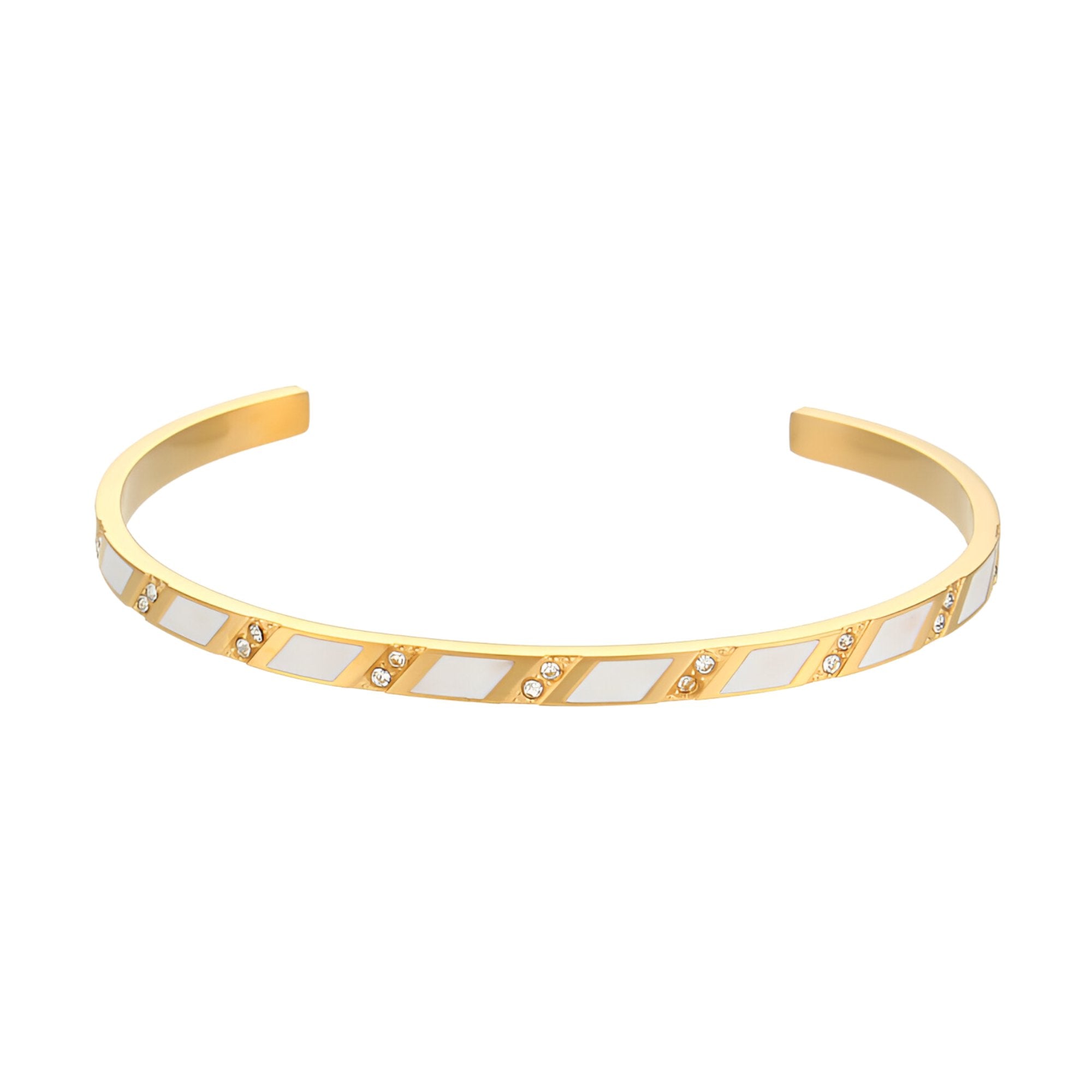 Bracelet jonc en acier inoxydable doré avec motifs géométriques blancs et dorés élégants.