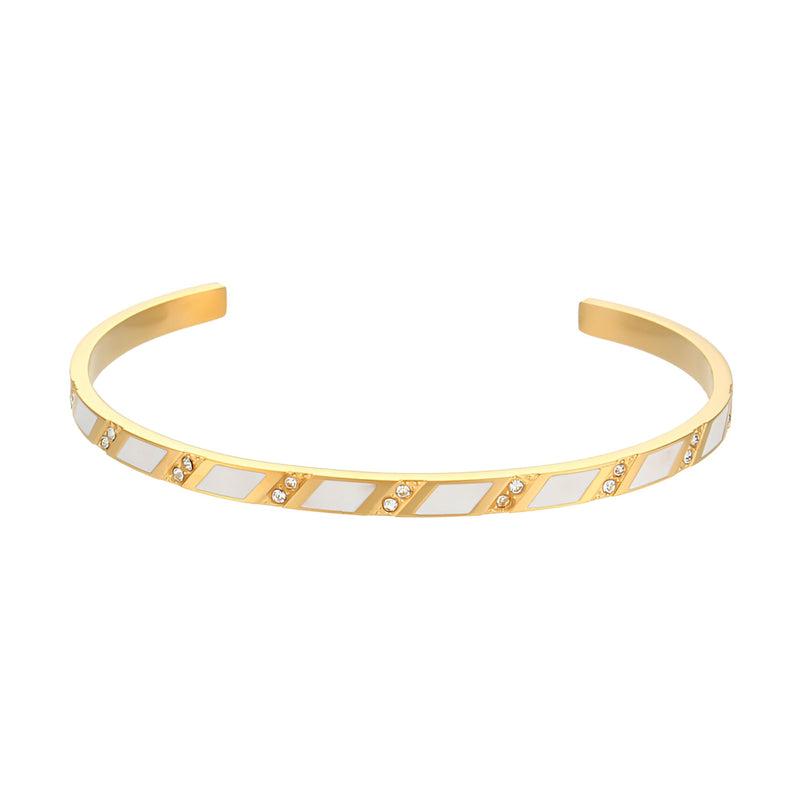 Bracelet jonc en acier inoxydable doré avec motifs géométriques blancs et dorés élégants.