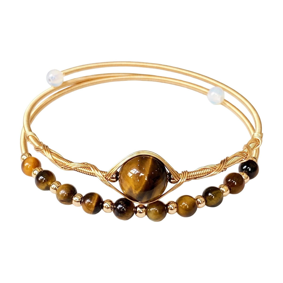 Double-row cuff bracelet in natural stones, twisted gold wire, beads at the ends, Stivine model