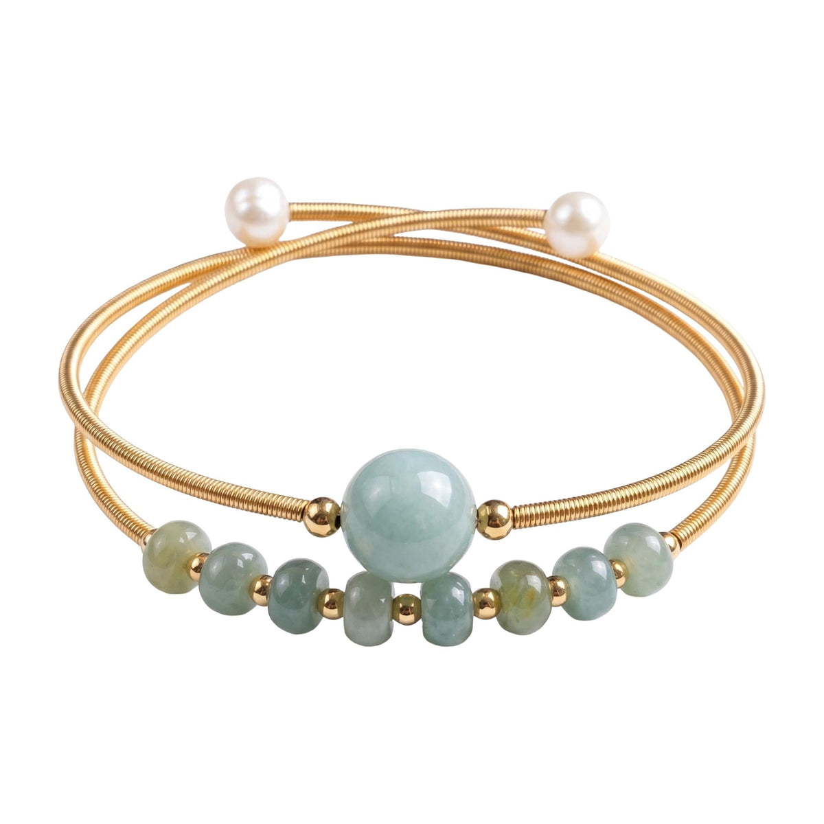 Double-row cuff bracelet in natural stones, twisted gold wire, beads at the ends, Stivine model