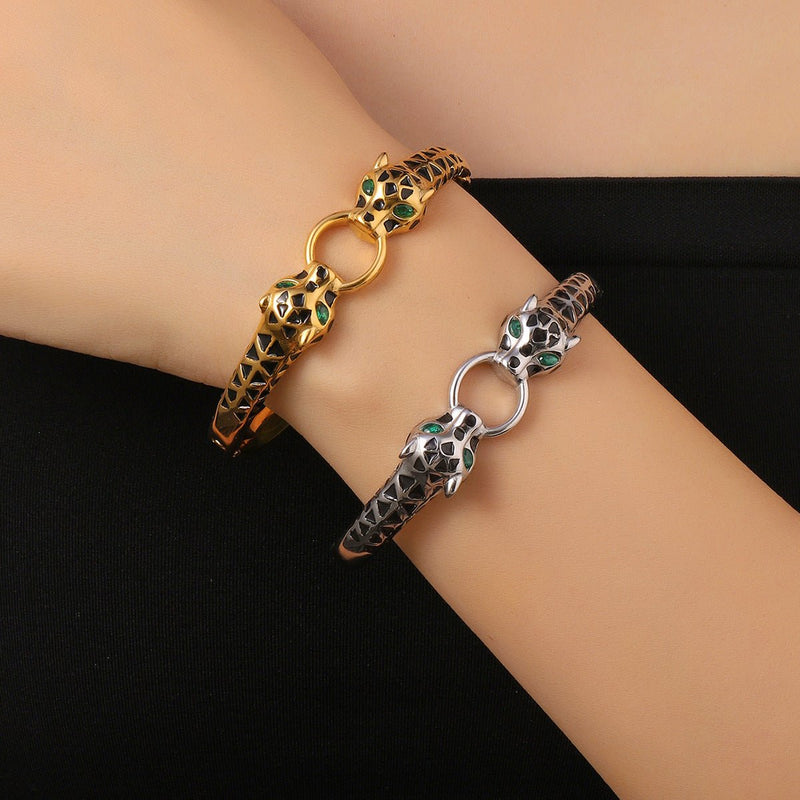 Brazalete rígido, doble cabeza de leopardo, para mujer, modelo Elmosa