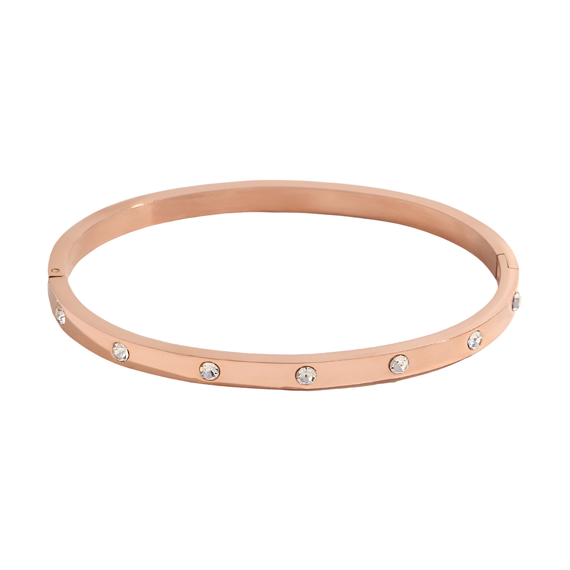 Bracelet jonc en acier inoxydable or rosé avec éclats de lumière sertis circulaires.