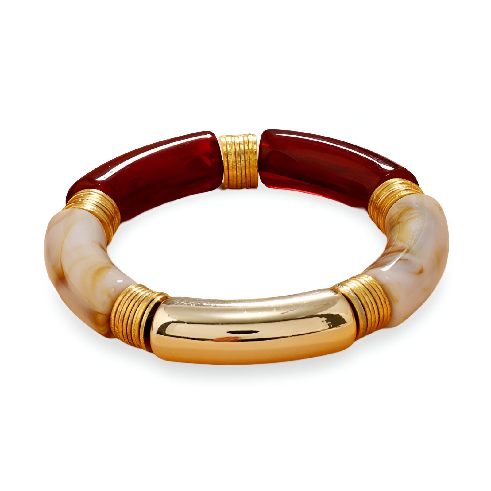 Bracelet jonc bicolore rouge bordeaux et beige en acrylique avec accents dorés élégants.
