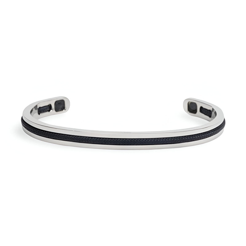 Bracelet jonc argent avec corde noire intégrée, design fin et masculin en acier inoxydable.