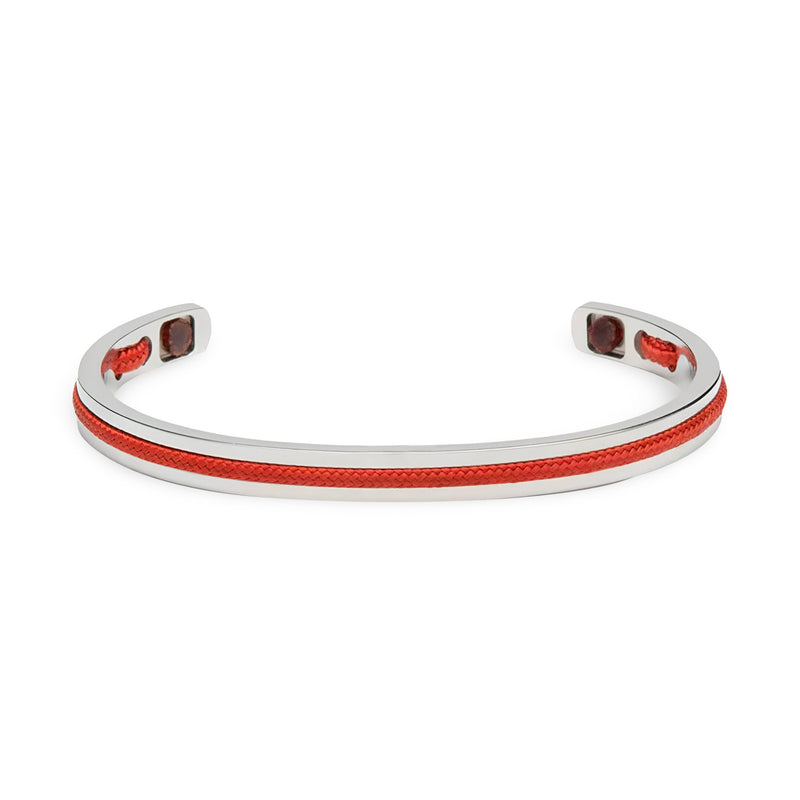 Bracelet jonc argent en acier inoxydable avec corde rouge intégrée, pour homme, modèle Valerio.