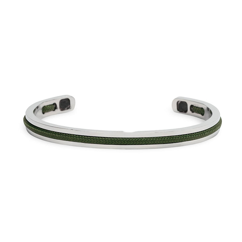 Bracelet jonc argenté en acier inoxydable avec corde verte intégrée pour homme, modèle Valerio.