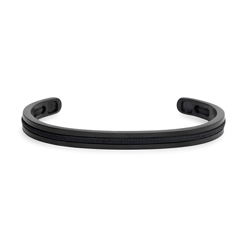 Bracelet jonc Valerio en acier inoxydable noir avec corde intégrée noire, style minimaliste pour homme.