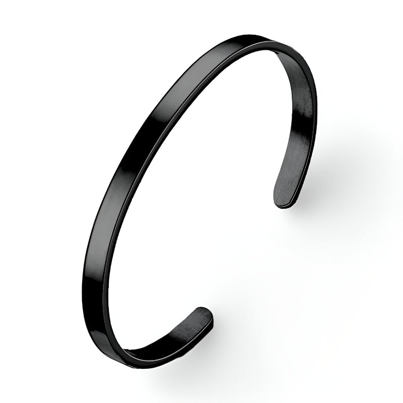 Bracelet jonc en acier inoxydable noir, finition lisse et brillante, style minimaliste pour homme.
