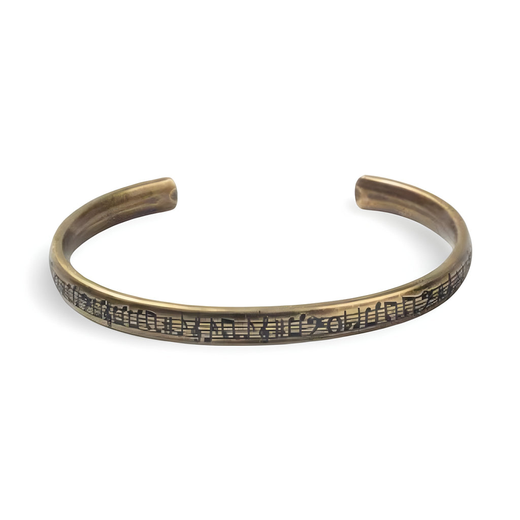 Bracelet jonc en métal bronze avec gravures de notes de musique, style vintage, mixte.