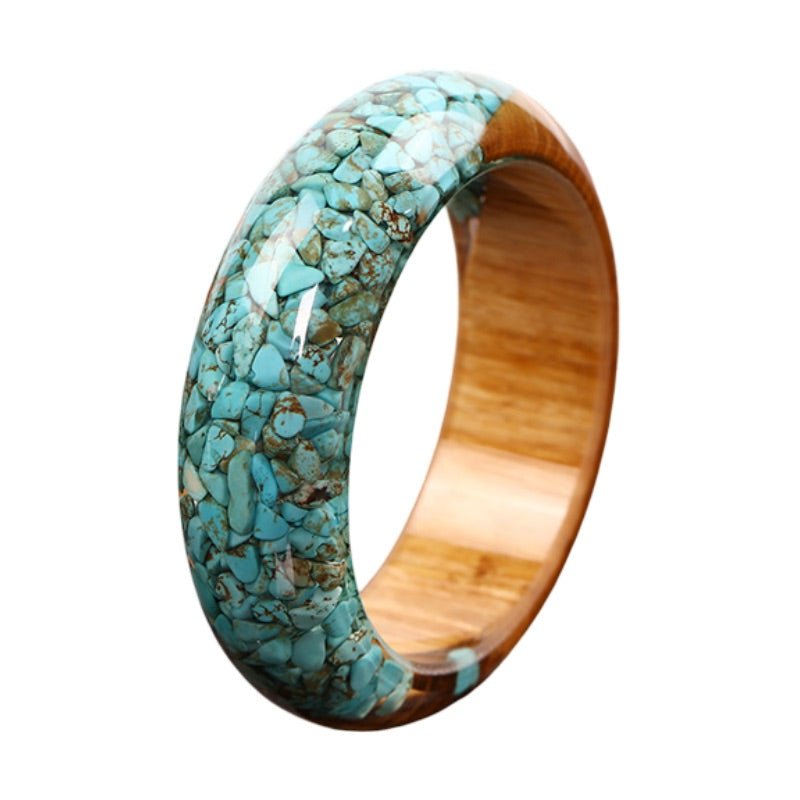 Bracelet jonc en bois naturel et turquoise, éclats résine brillante, modèle Diyuna - La Boutique du Bracelet