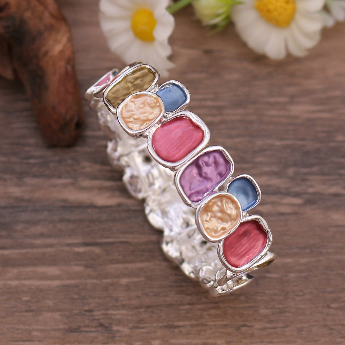 Expandable bangle bracelet with multicolored enameled plates, gold finish, Roka model