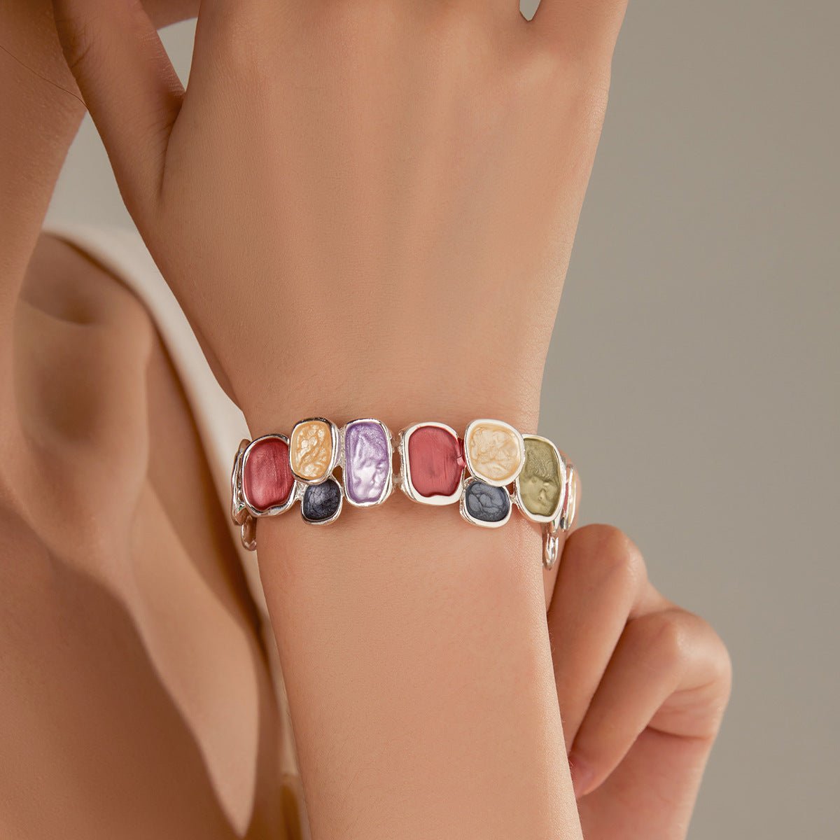 Expandable bangle bracelet with multicolored enameled plates, gold finish, Roka model