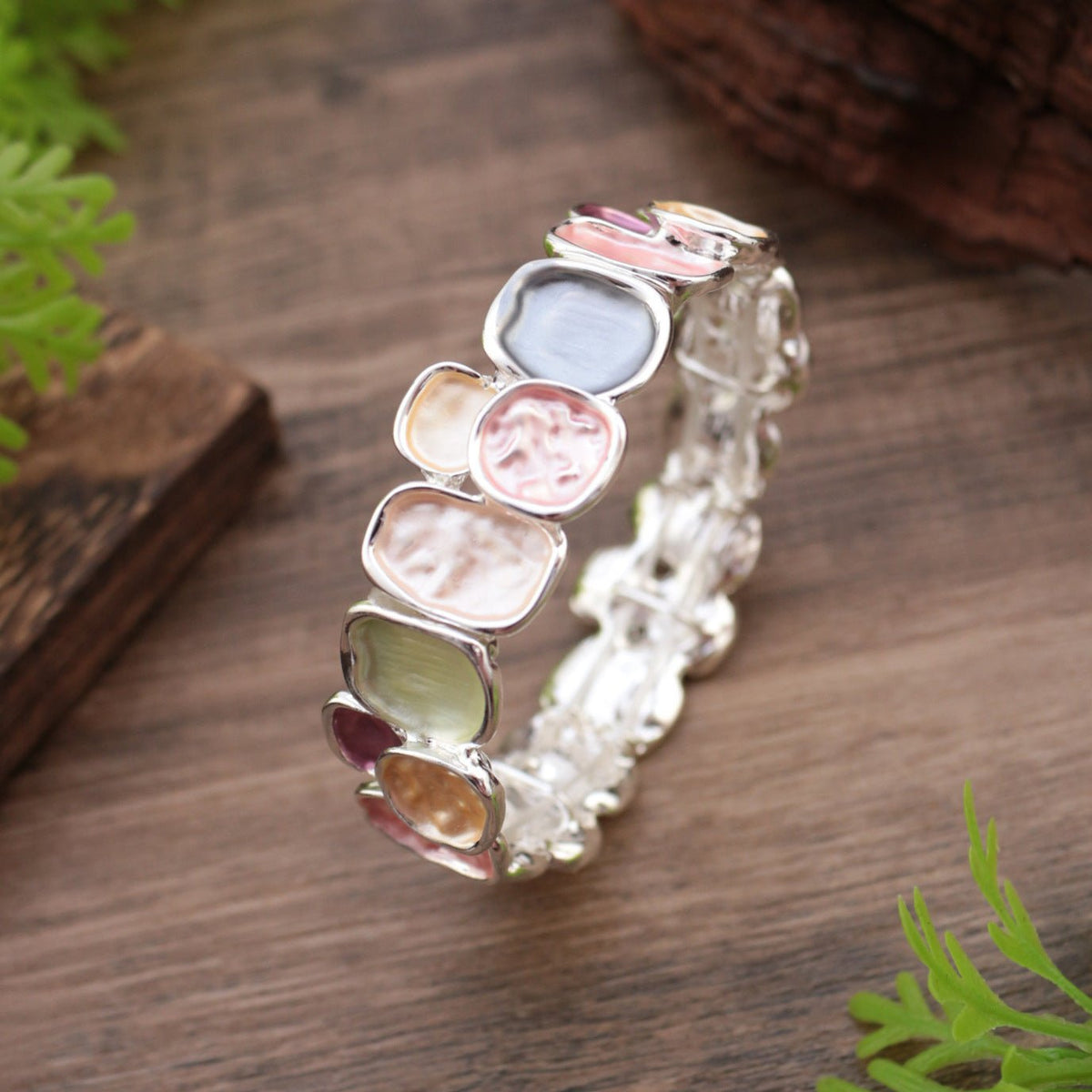 Expandable bangle bracelet with multicolored enameled plates, gold finish, Roka model