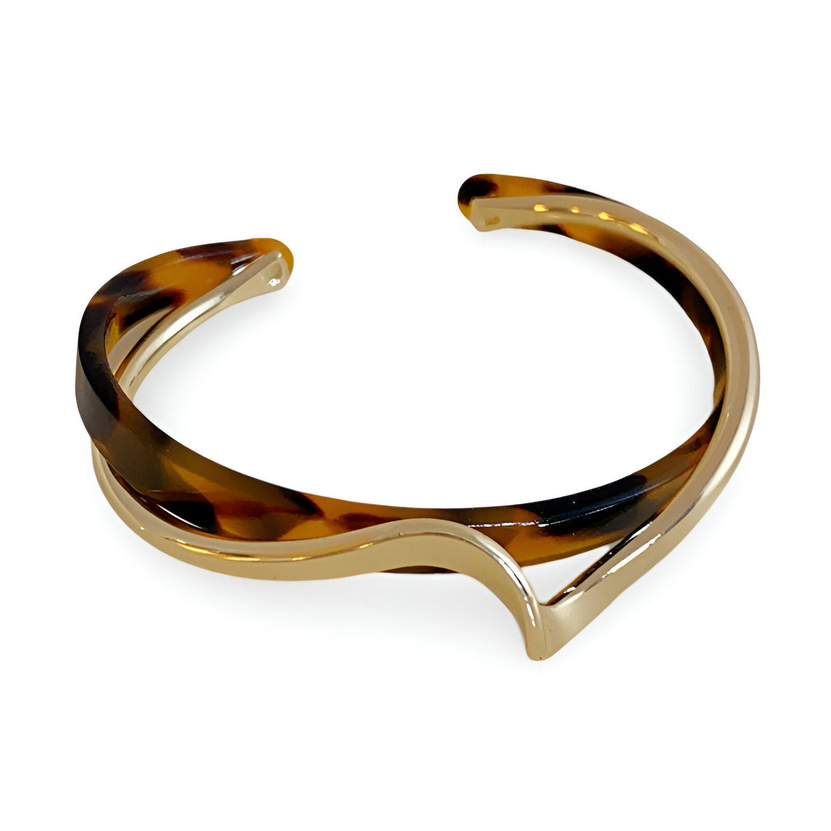 Bracelet jonc ouvert en acrylique léopard et métal doré style Valencia, design asymétrique élégant.