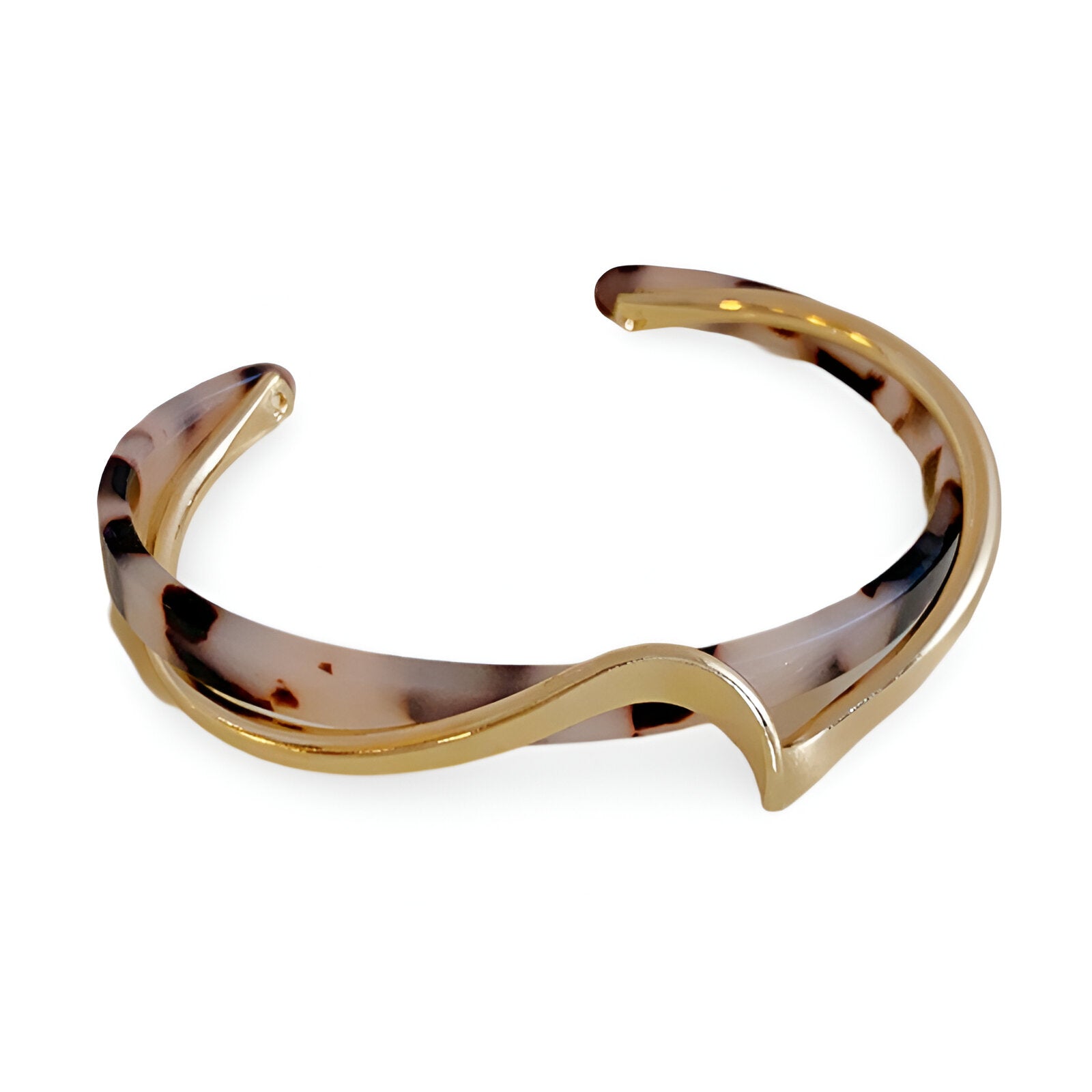 Bracelet jonc en acrylique léopard beige et marron avec bordure métallique dorée, forme ouverte et courbe au centre.