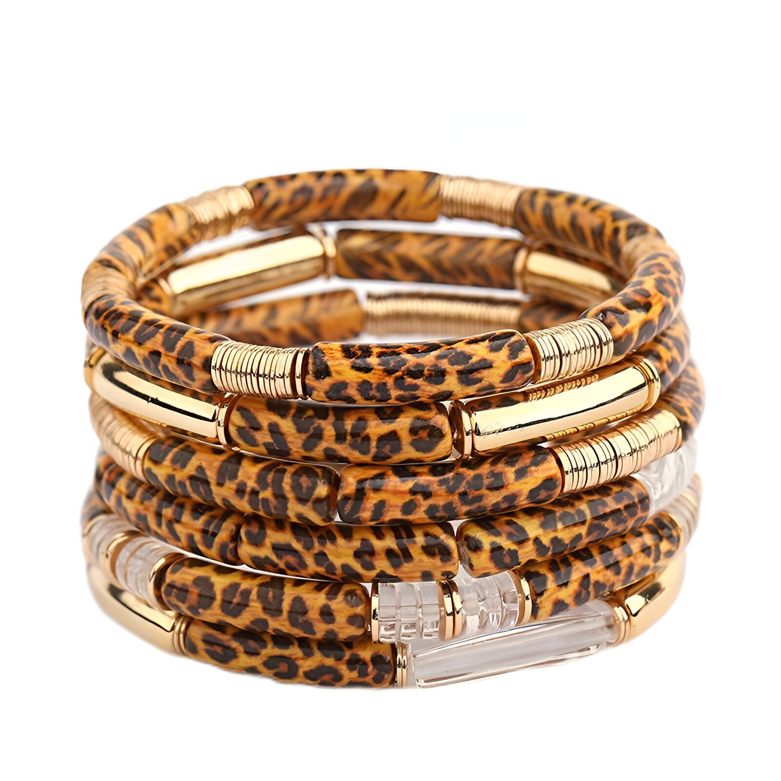 Bracelet jonc multiple en acrylique avec motif léopard et détails dorés brillants.