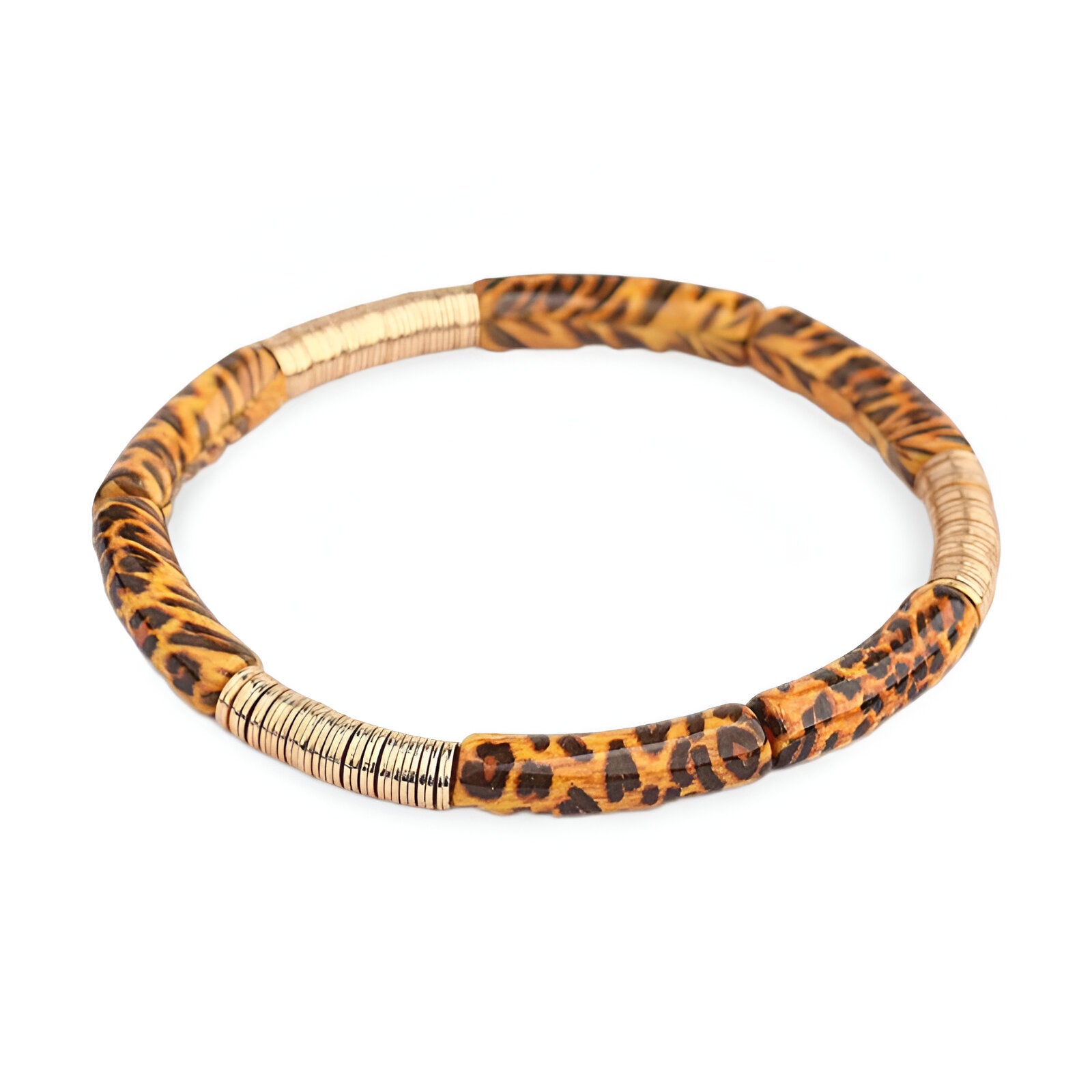 Bracelet jonc en acrylique à motif léopard avec détails dorés pour femme.