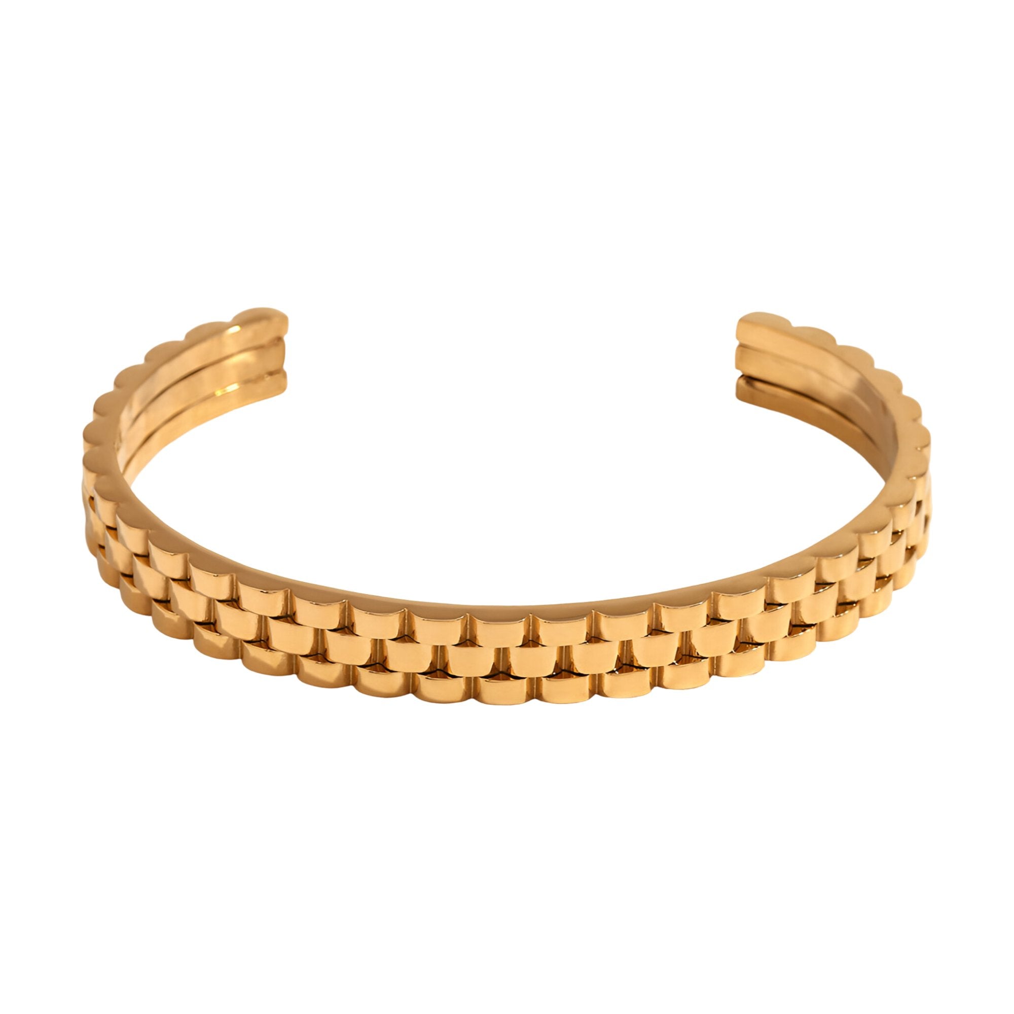 Bracelet jonc doré en acier inoxydable à maille gourmette fine et design ouvert.