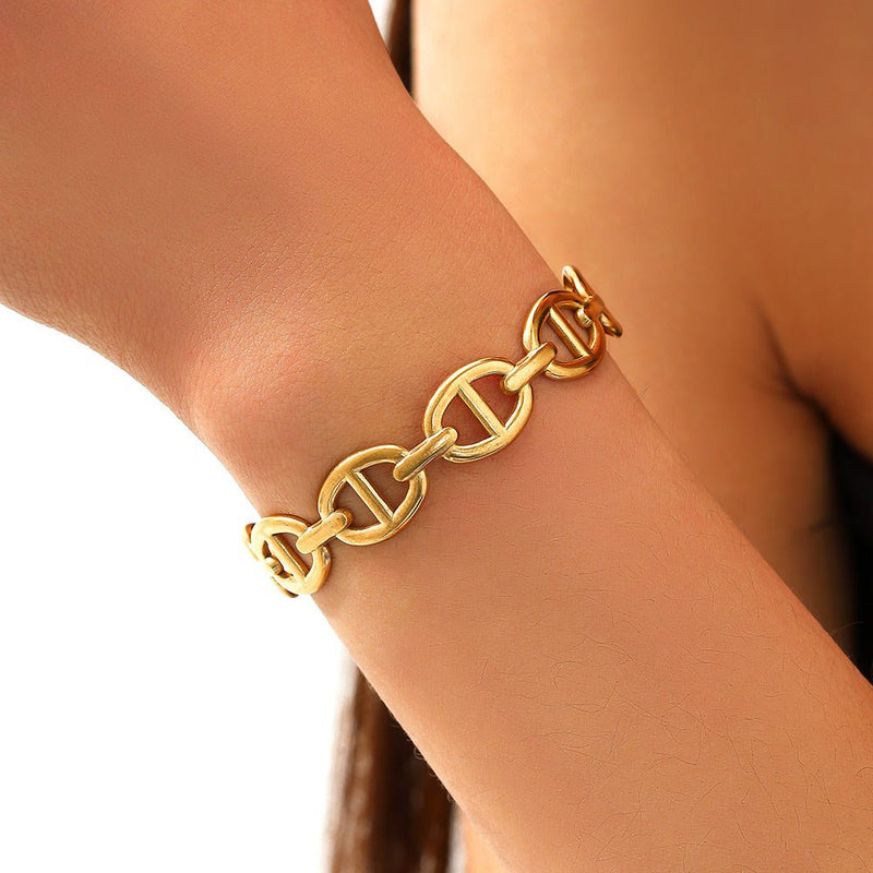 Brazalete abierto con eslabones marineros de moda, en acero inoxidable, para mujer, modelo Lunaris
