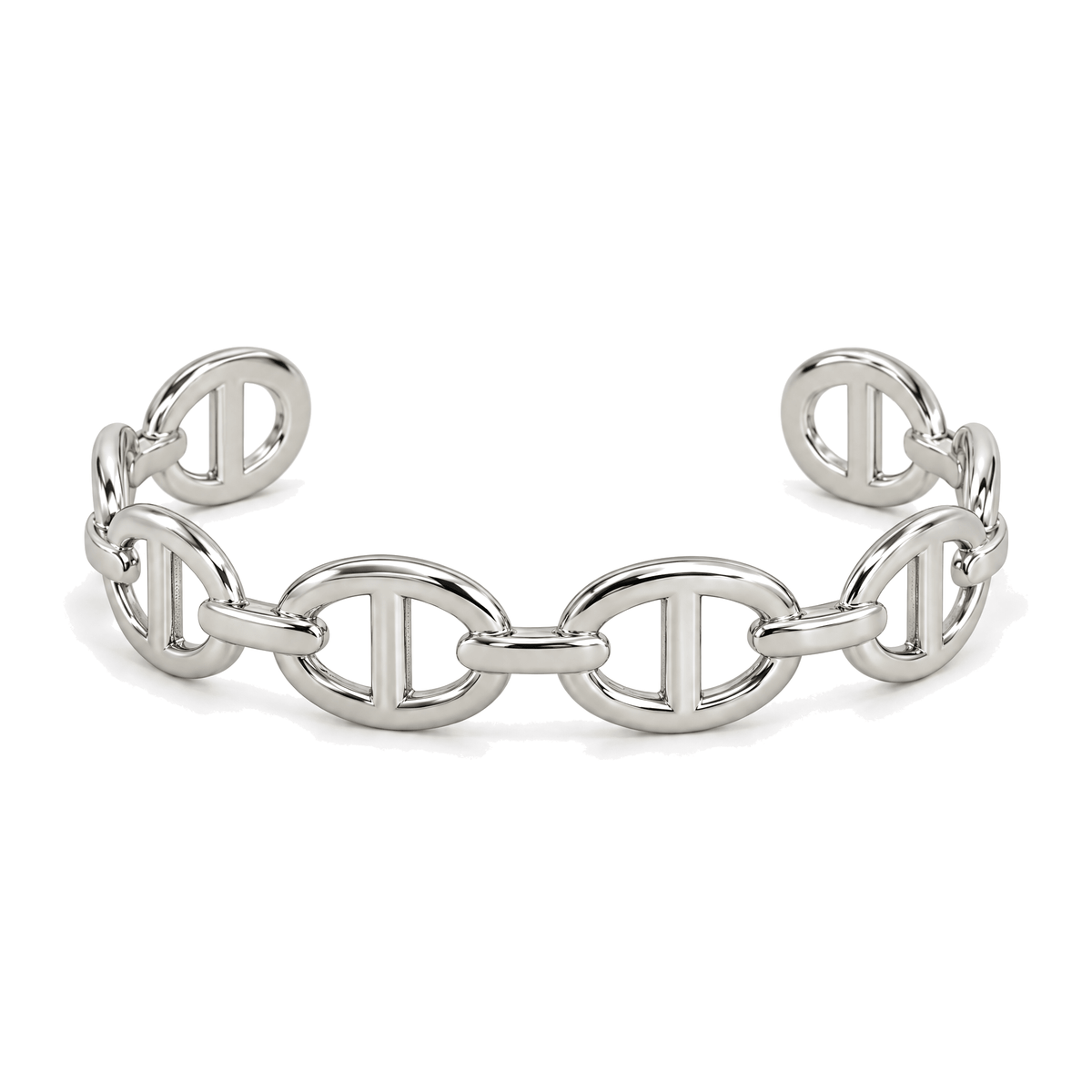 Packshot studio bracelet Lunaris Argent, vue frontale basse, fond blanc pur — détails verrouillés 10 octobre 2026