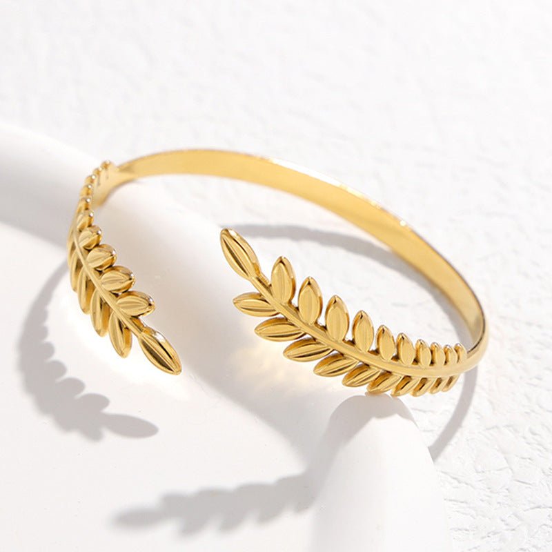 Bracelet jonc ouvert, branche de laurier, en acier inoxydable, pour femme, modèle Astrane - La Boutique du Bracelet