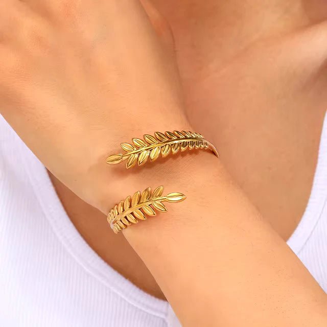 Brazalete abierto, rama de laurel, en acero inoxidable, para mujer, modelo Astrane