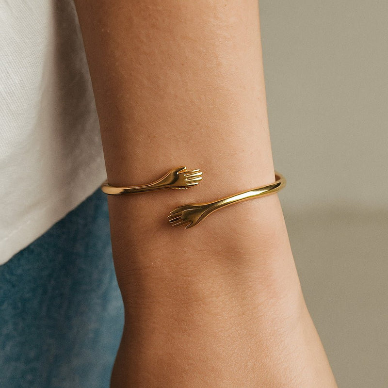 Brazalete abierto, doble manos, de acero inoxidable, para mujer, modelo Zerina