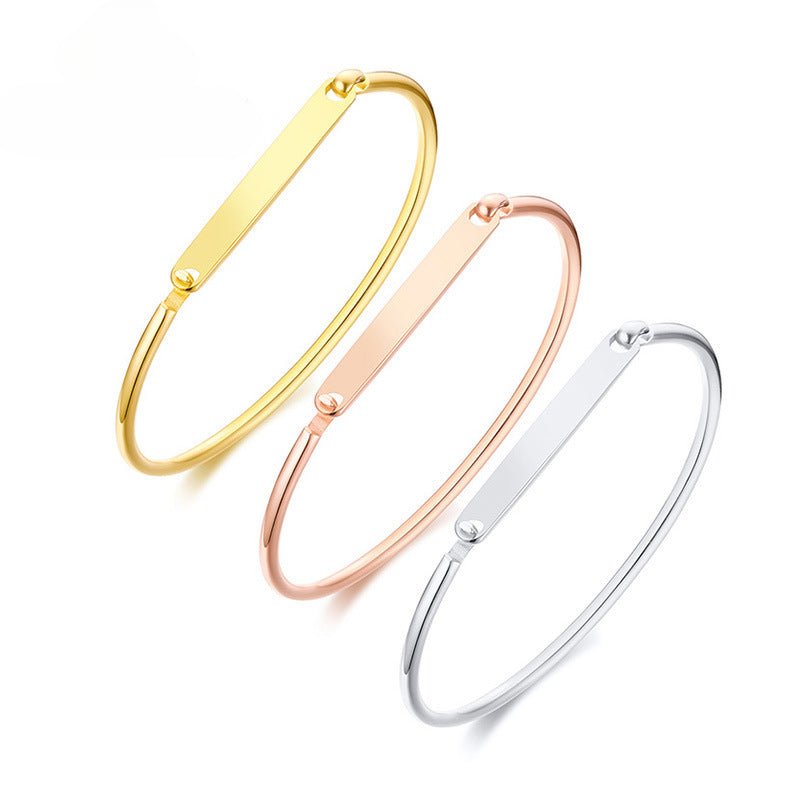 Trois bracelets joncs fins en acier inoxydable, personnalisables, couleurs or, or rosé et argent, modèle Garcia.