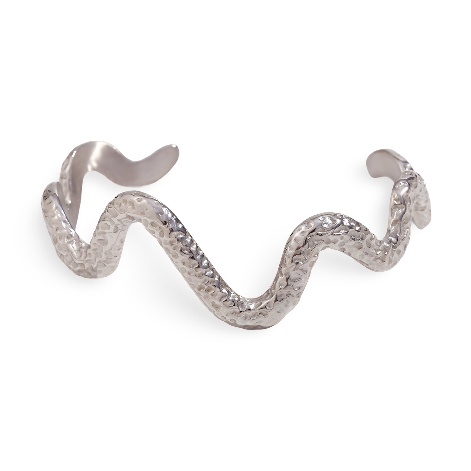 Bracelet jonc en acier inoxydable argenté, forme serpentine texturée élégante.