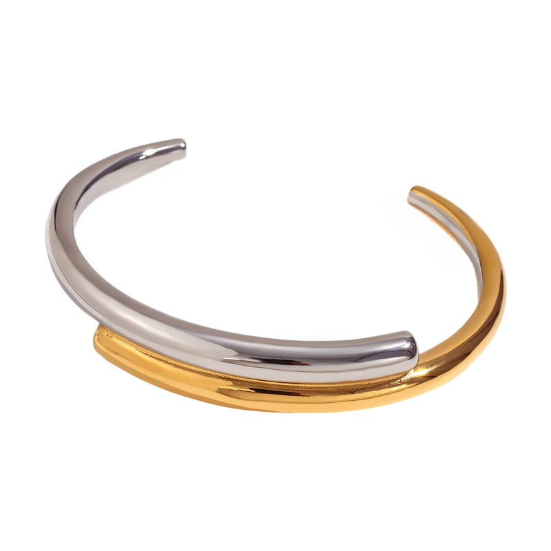 Bracelet jonc ouvert en acier inoxydable bicolore, or brillant et argent poli, design épuré Harmonie.
