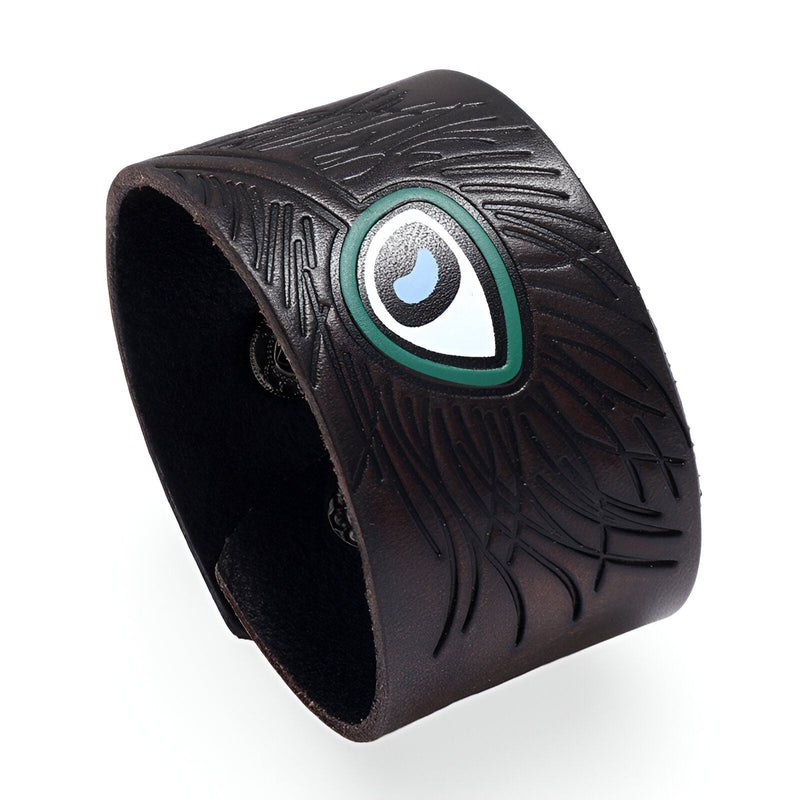 Bracelet large en cuir café gravé avec motif œil floral vert et noir, modèle Faron mixte.