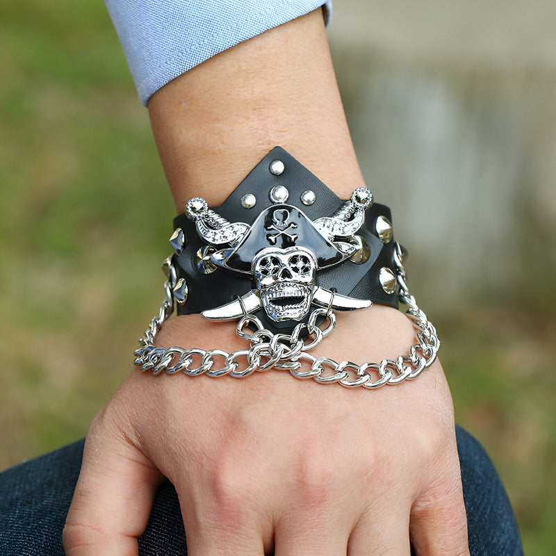 Pulsera ancha de microfibra, con símbolo de calavera pirata, para hombre, modelo Howell