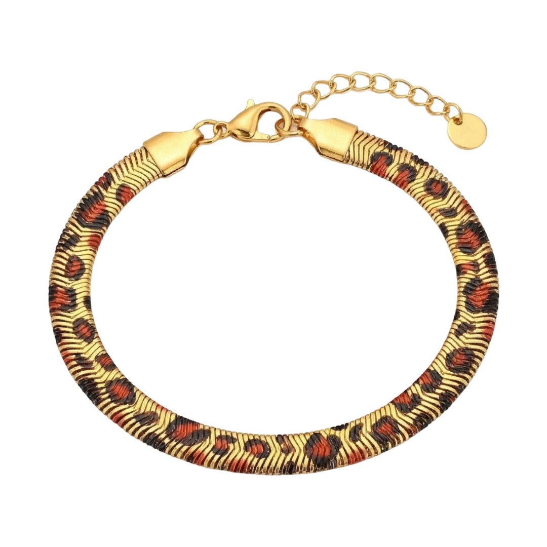 Bracelet jonc maille serpent dorée motif léopard rouge noir, acier inoxydable, fermoir mousqueton.