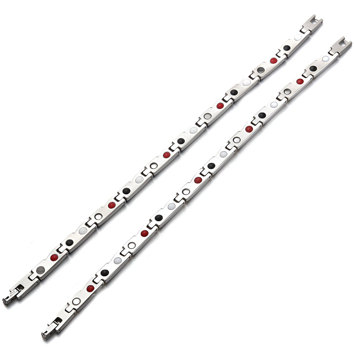 Bracelet magnétique en titane argenté avec détails noirs et rouges, design fin et moderne.