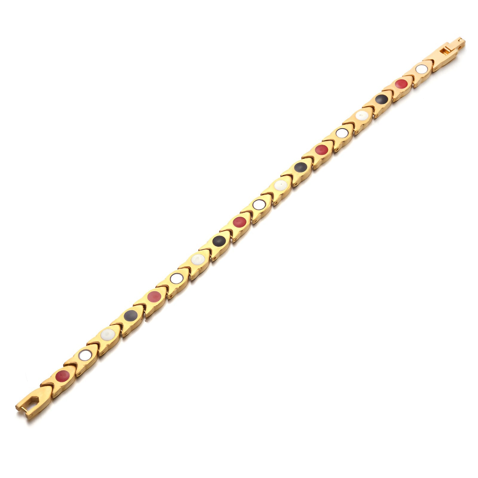 Bracelet homme magnétique en titane doré avec inserts rouges et noirs, design fin et élégant.