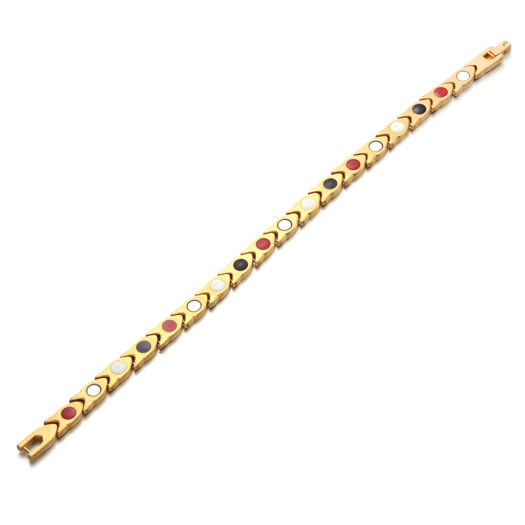 Bracelet homme magnétique en titane doré avec inserts rouges et noirs, design fin et élégant.