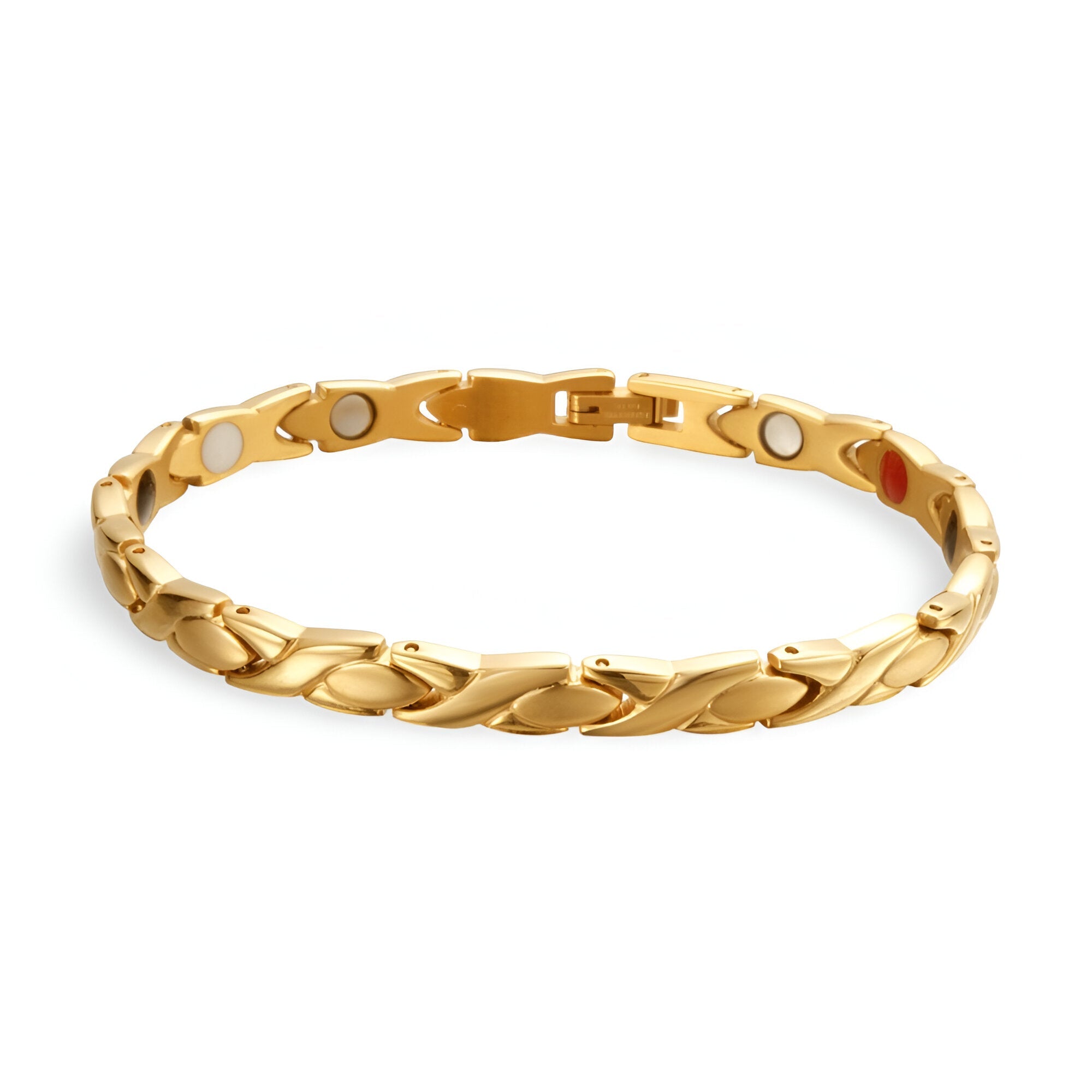 Bracelet femme en titane or rosé avec maillons lisses et aimants visibles.