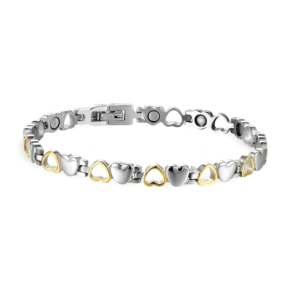 Bracelet magnétique en titane argenté avec cœurs dorés alternés et fermoir sécurisé.