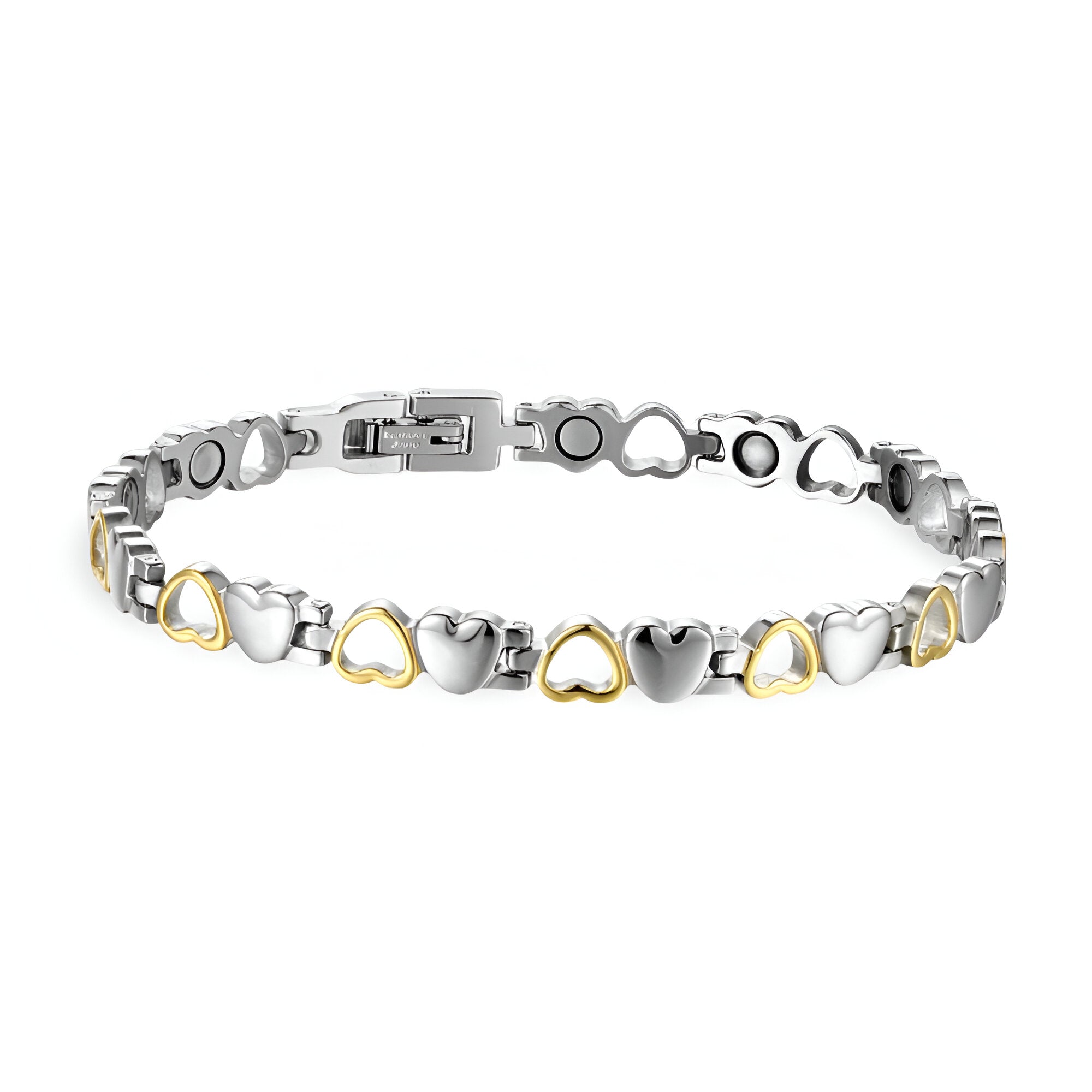 Bracelet magnétique en titane argenté avec cœurs dorés alternés et fermoir sécurisé.