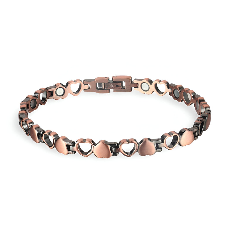 Bracelet magnétique en titane couleur bronze avec maillons en forme de cœur et cercle, fermoir clip.
